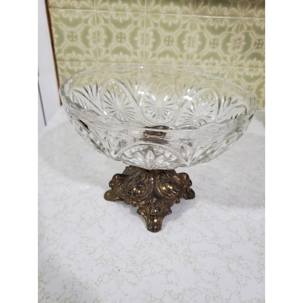 Vintage Bronze Bottom Glass Bowl Scalloped Rim 8" Diameter MCM Table Decor